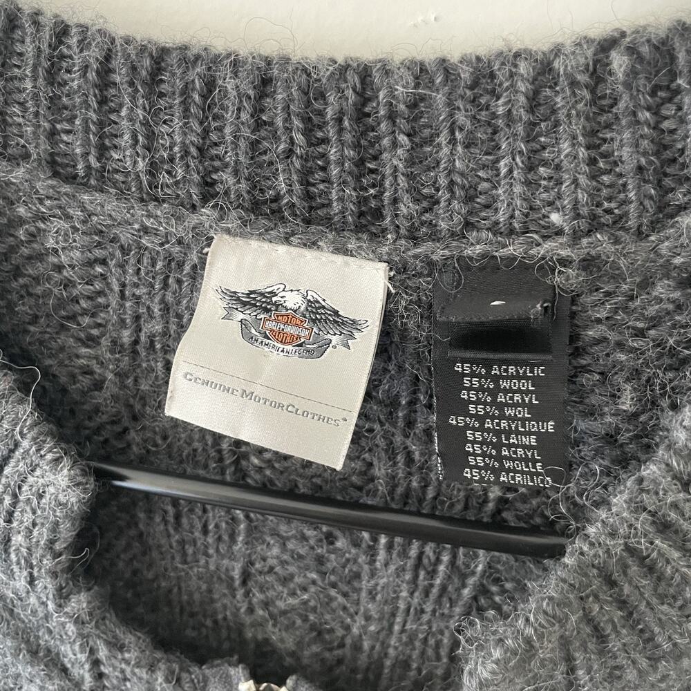 Harley Davidson Wool Moto Cardigan Gray Zip‎ Up Cable Knit Grunge Y2K Sweater S - Picture 7 of 10